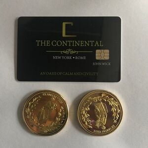 2 Gold Plated John Wick Continental Collectible Coins with Hotel Room Card SET